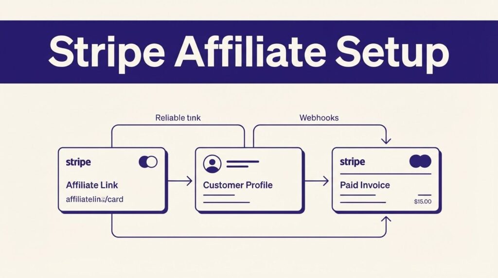 Illustration showing Stripe affiliate setup with connected referral, customer, and invoice cards.