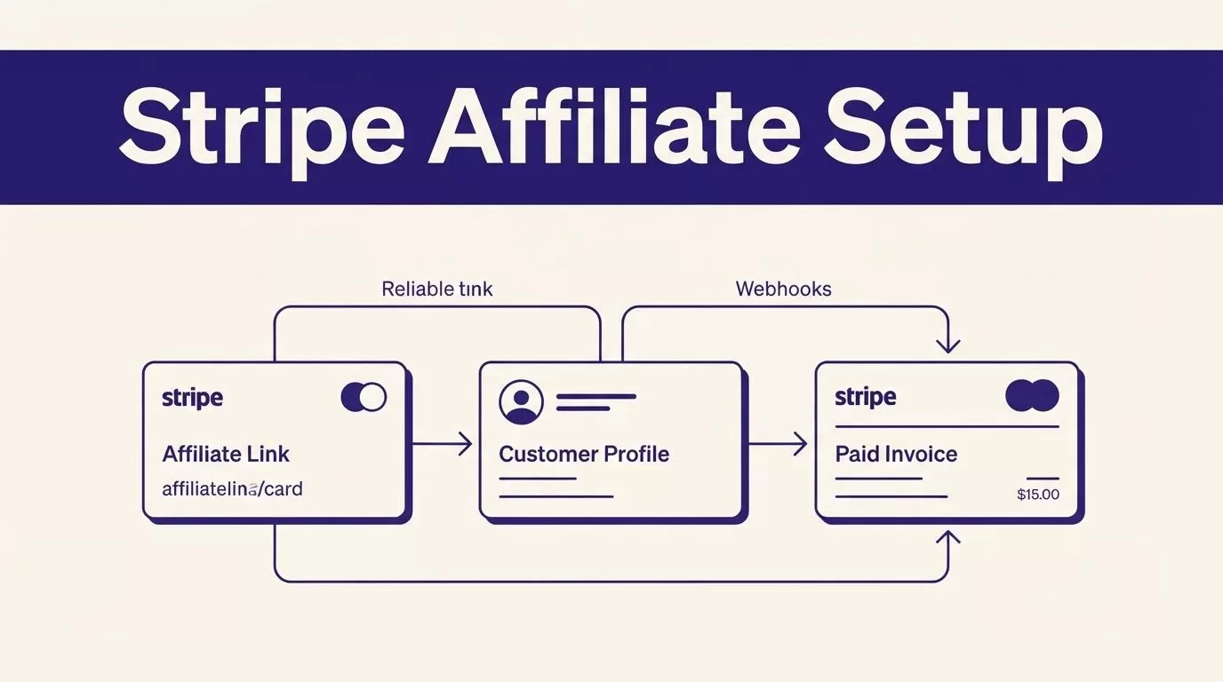 Illustration showing Stripe affiliate setup with connected referral, customer, and invoice cards.