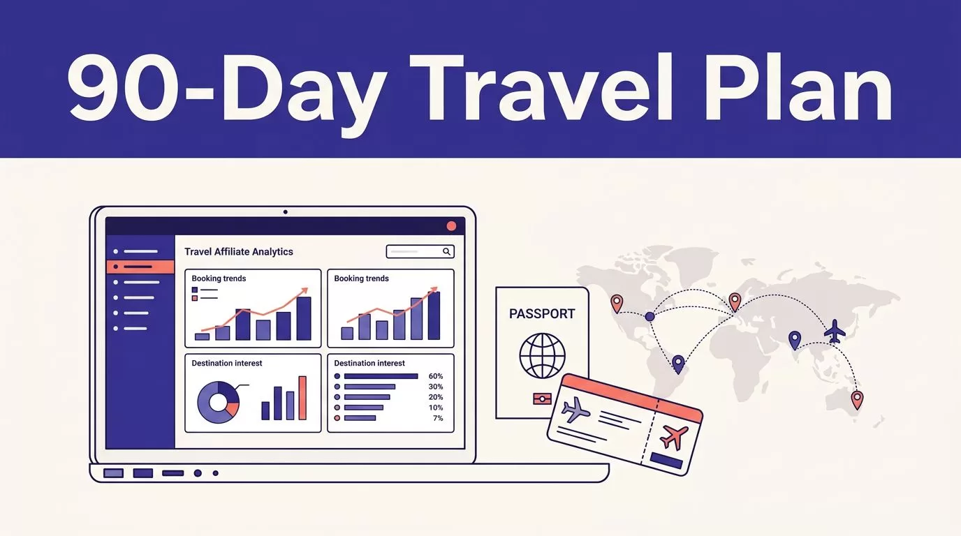 Laptop with travel analytics beside a passport, ticket, and destination map.