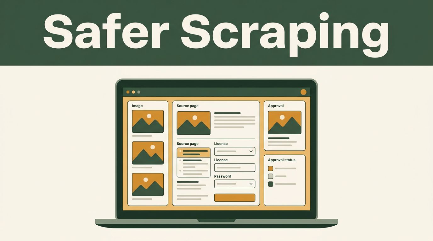Laptop showing a stock-photo workflow beneath a green Safer Scraping headline.