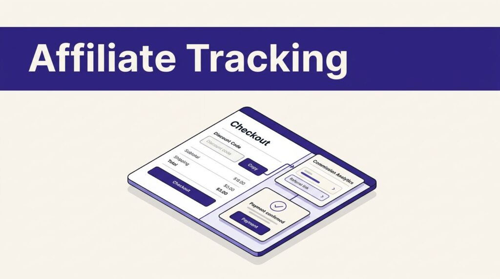 Isometric checkout interface linking a discount code to referral tracking and commission analytics.