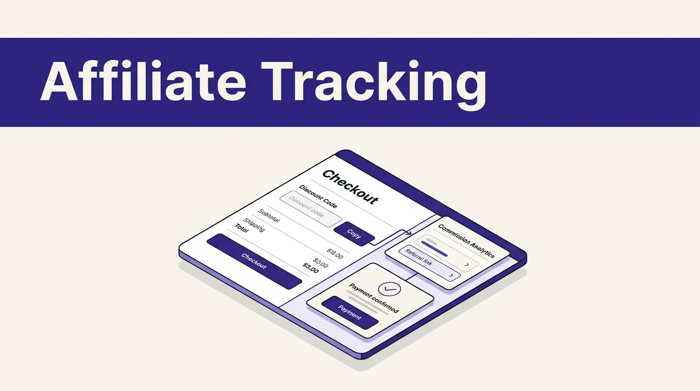 Isometric checkout interface linking a discount code to referral tracking and commission analytics.