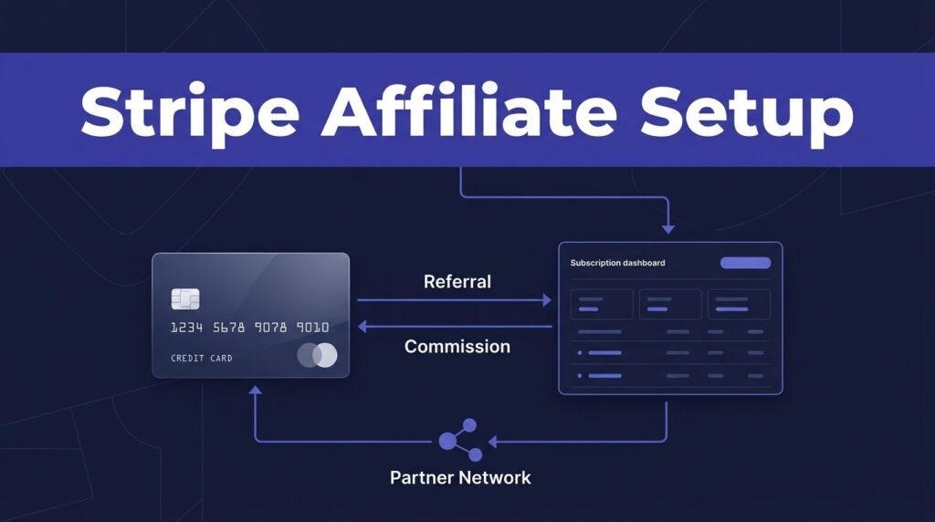 Credit card and subscription dashboard connected to affiliate referral nodes.