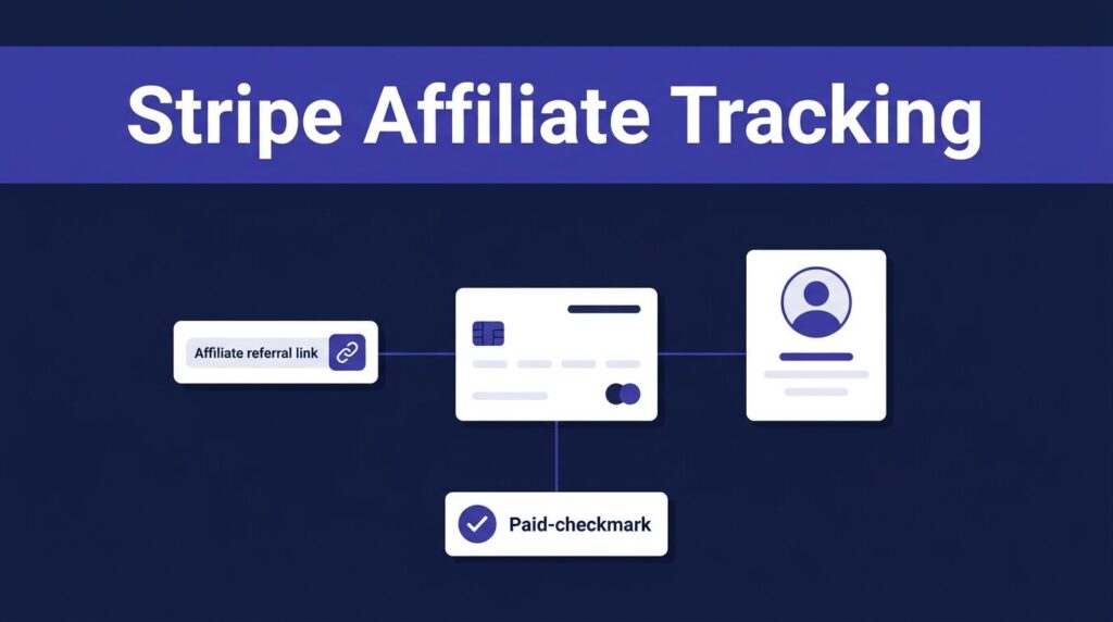Diagram showing Stripe affiliate tracking from an invoice to a referral link, customer profile, and paid checkmark.