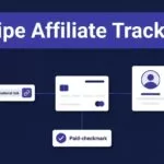 Diagram showing Stripe affiliate tracking from an invoice to a referral link, customer profile, and paid checkmark.