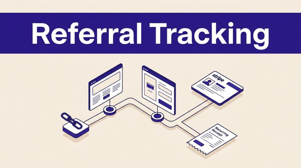 Isometric referral flow connecting a website checkout to recurring payment records.