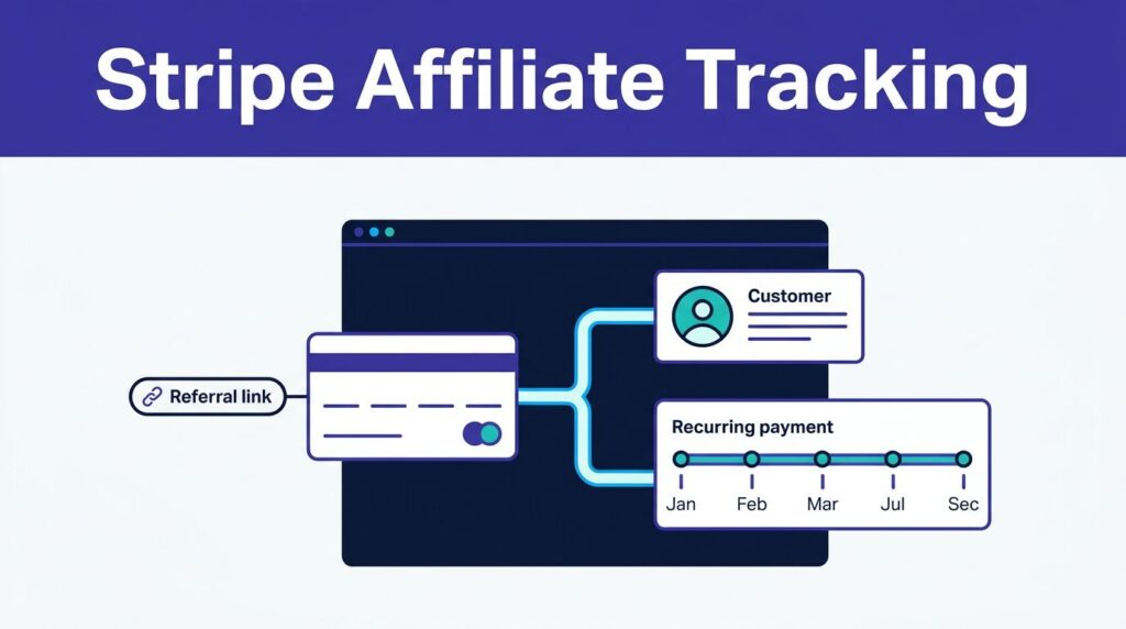 A SaaS dashboard showing a referral link connected to checkout, customer data, and recurring payments.