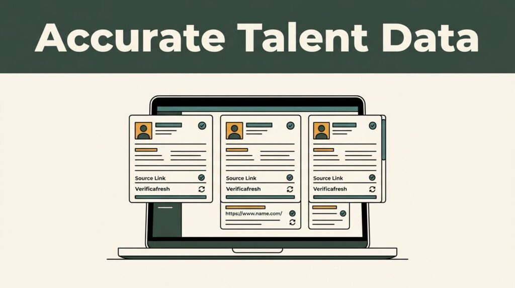 Laptop showing organized talent profiles with verification marks and source links.