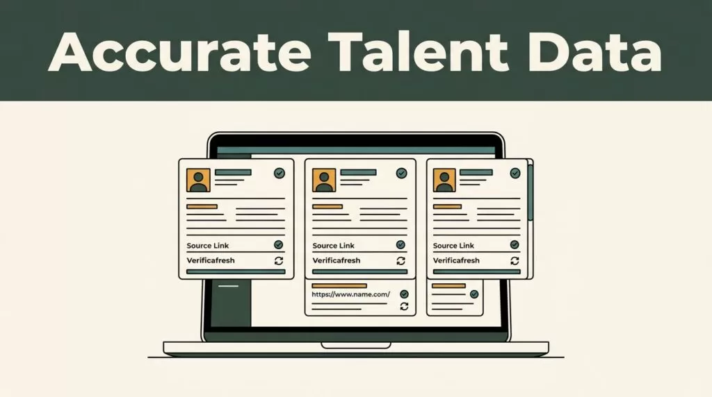 Laptop showing organized talent profiles with verification marks and source links.