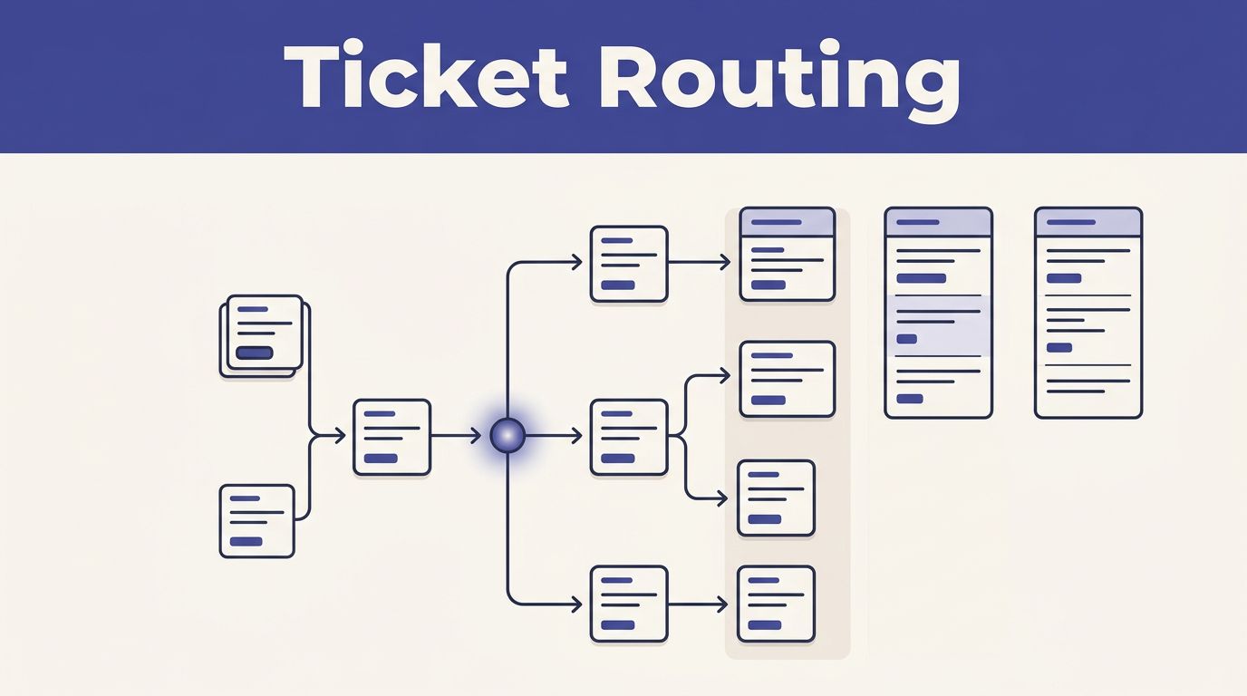 Support tickets branch from a central node into organized specialist queues.