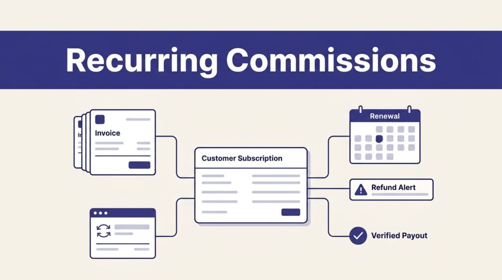 A subscription record links invoices, a renewal calendar, a refund alert, and a verified payout symbol.