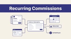 A subscription record links invoices, a renewal calendar, a refund alert, and a verified payout symbol.