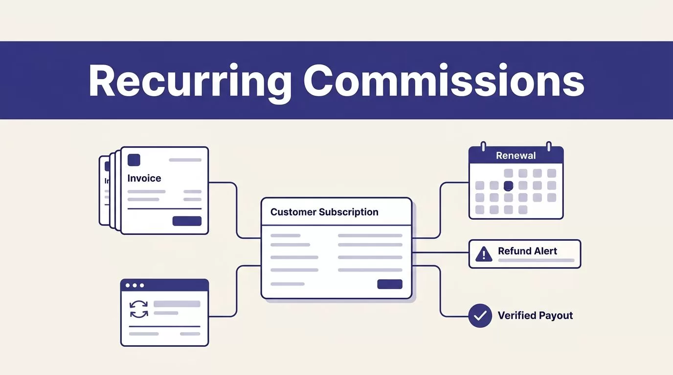 A subscription record links invoices, a renewal calendar, a refund alert, and a verified payout symbol.
