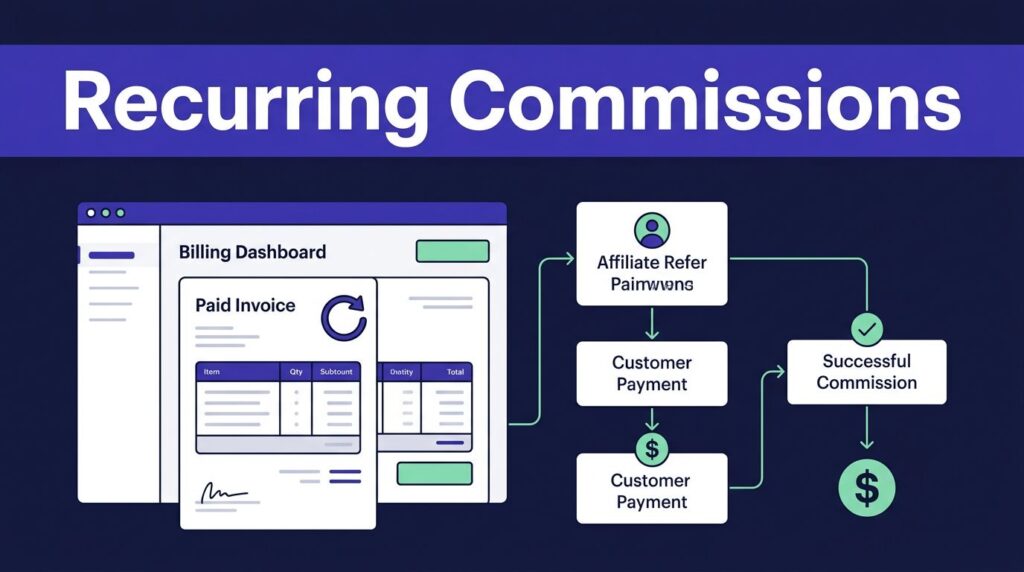 Dashboard showing a paid invoice, recurring arrows, and an affiliate commission pathway.