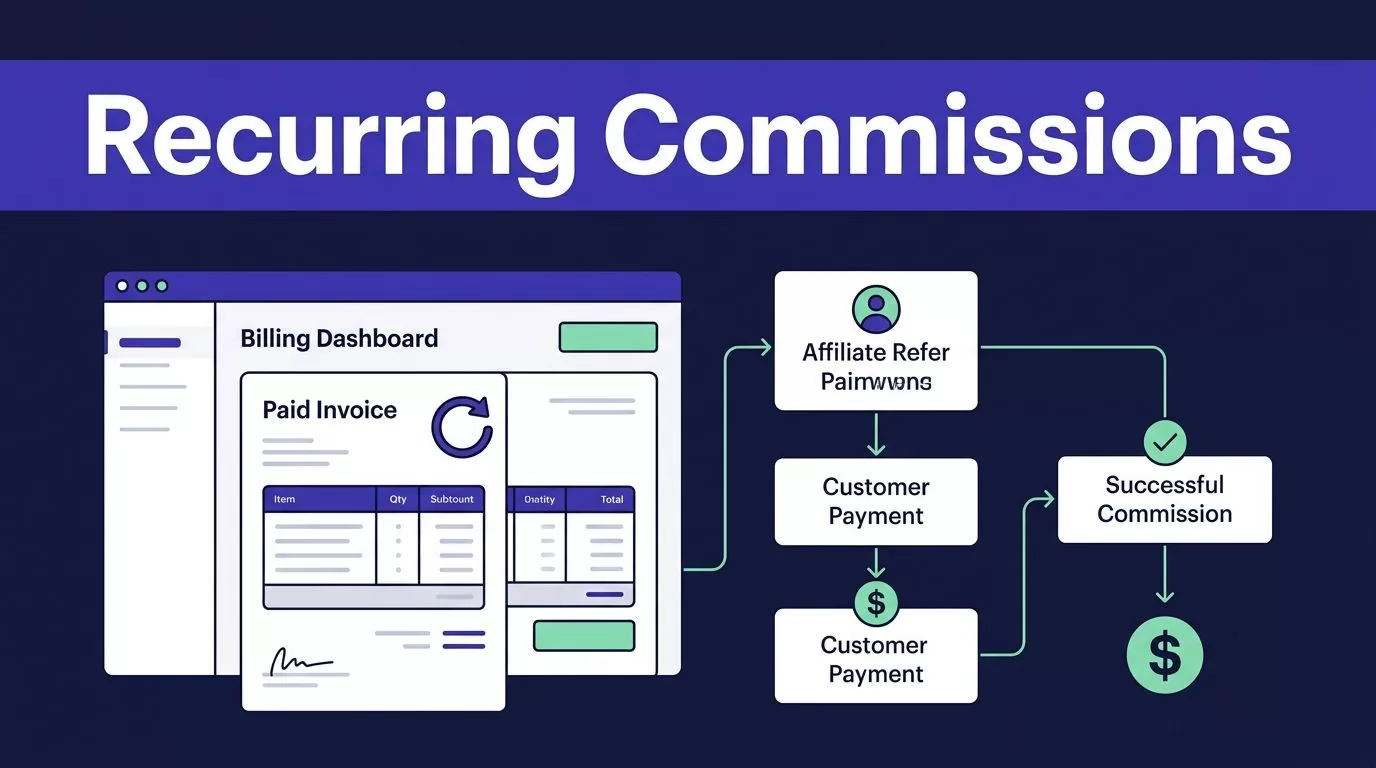 Dashboard showing a paid invoice, recurring arrows, and an affiliate commission pathway.
