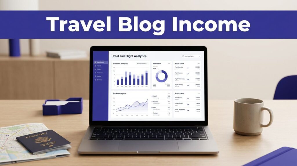 Laptop with travel analytics beside a passport, map, and coffee under an indigo headline banner.