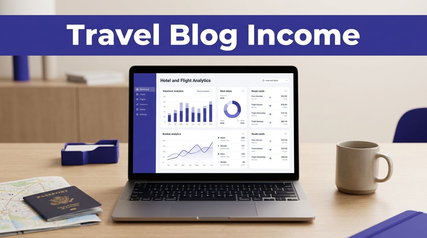 Laptop with travel analytics beside a passport, map, and coffee under an indigo headline banner.