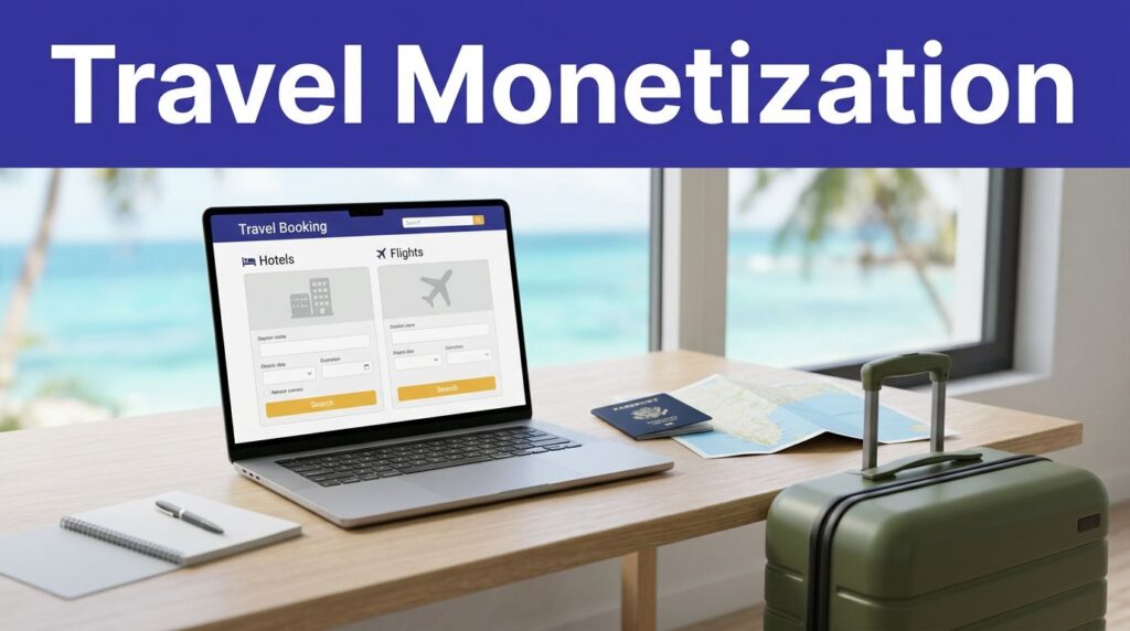 Laptop, passport, map, and suitcase arranged in a travel workspace by a tropical window.
