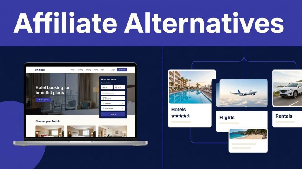 Laptop hotel booking page beside travel cards for hotels, flights, and rentals.