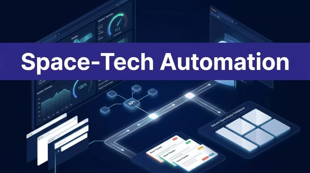 A glowing workflow links satellite telemetry, APIs, browser windows, issue cards, and a secure database.
