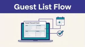 Laptop showing a guest record linked to a calendar and approval checkmark.