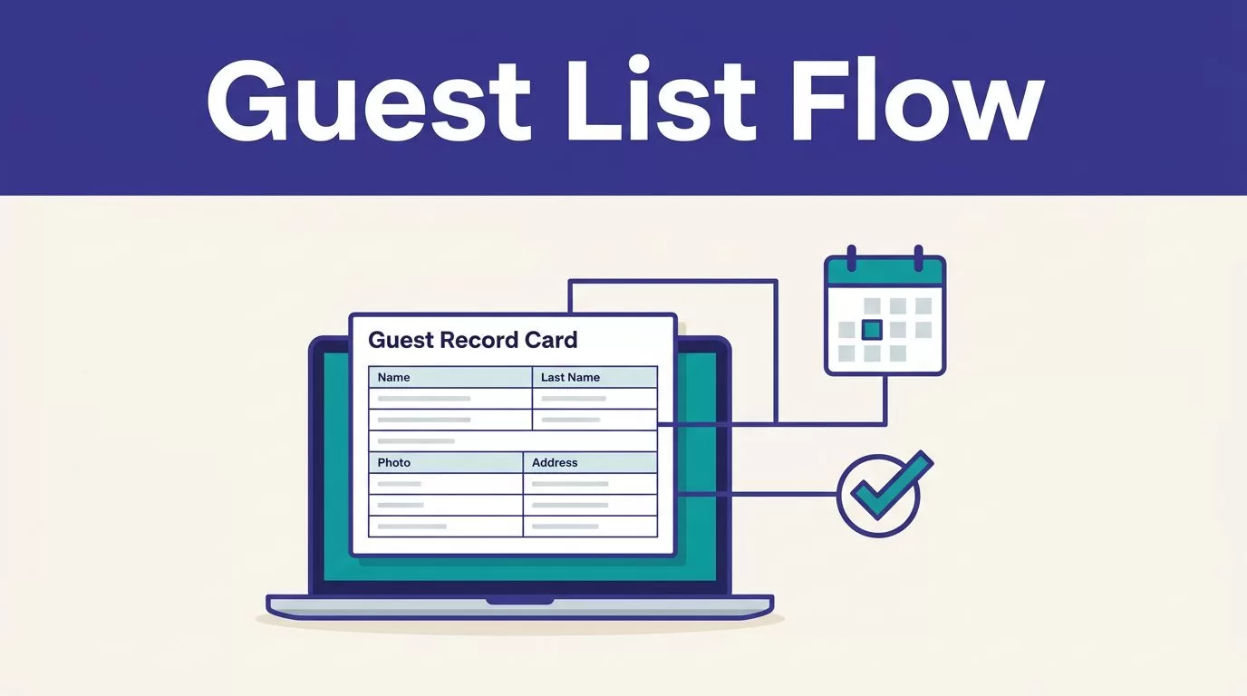 Laptop showing a guest record linked to a calendar and approval checkmark.