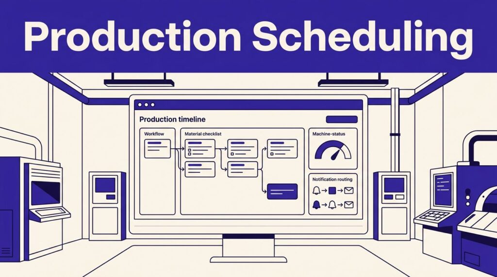 Factory control room dashboard showing a production timeline, workflow cards, and machine status indicators.
