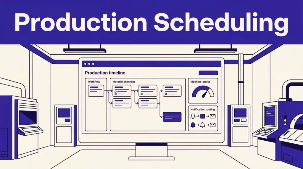 Factory control room dashboard showing a production timeline, workflow cards, and machine status indicators.