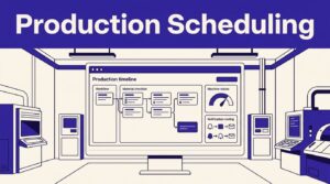 Factory control room dashboard showing a production timeline, workflow cards, and machine status indicators.