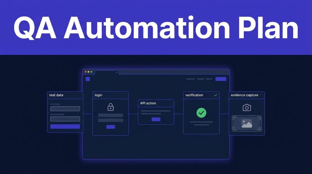 A browser dashboard shows connected QA test steps on a dark navy background.