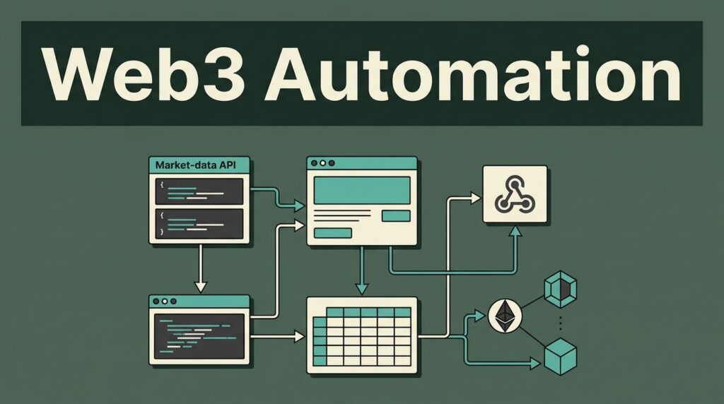 Web3 Automation headline above connected API, browser, spreadsheet, webhook, and blockchain elements.