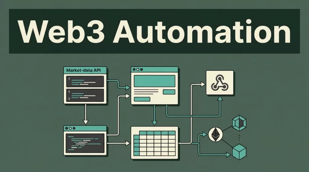 Web3 Automation headline above connected API, browser, spreadsheet, webhook, and blockchain elements.