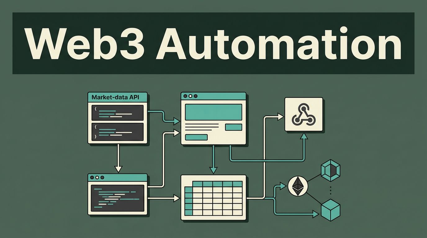 Web3 Automation headline above connected API, browser, spreadsheet, webhook, and blockchain elements.