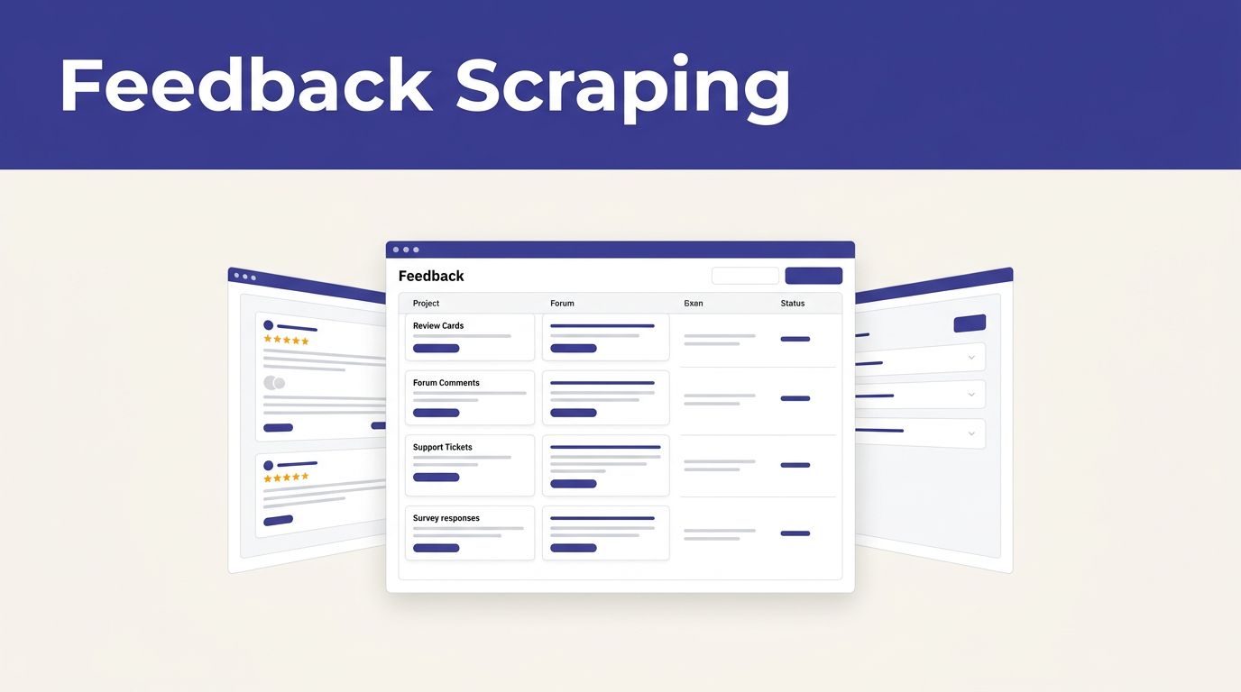 Dashboard table organizing reviews, forum comments, support tickets, and survey responses.