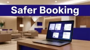 A laptop displays booking inquiries beside a calendar and inbox in a modern reception hall.