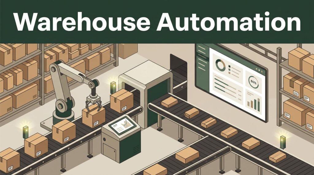 Robotic arm sorting cartons beside conveyors and an operations dashboard.