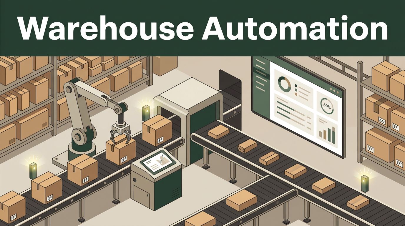 Robotic arm sorting cartons beside conveyors and an operations dashboard.