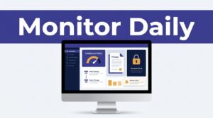Monitor showing a website compliance dashboard with alerts, privacy details, and an access lock.