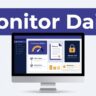 Monitor showing a website compliance dashboard with alerts, privacy details, and an access lock.