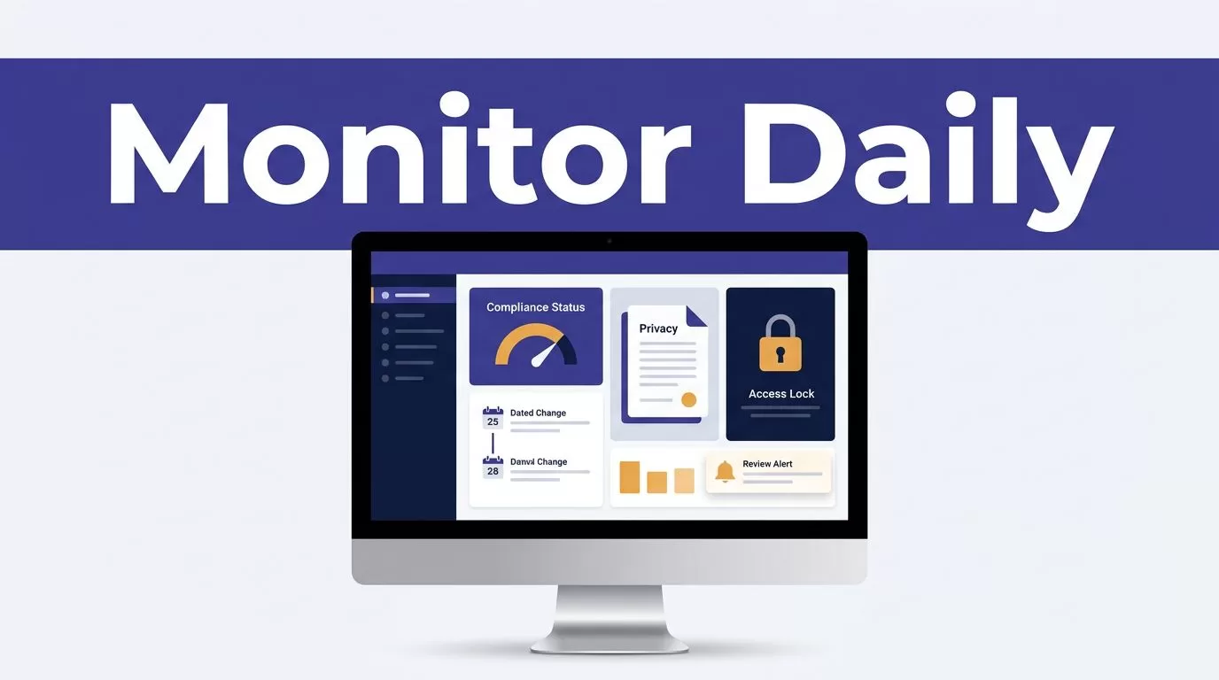 Monitor showing a website compliance dashboard with alerts, privacy details, and an access lock.