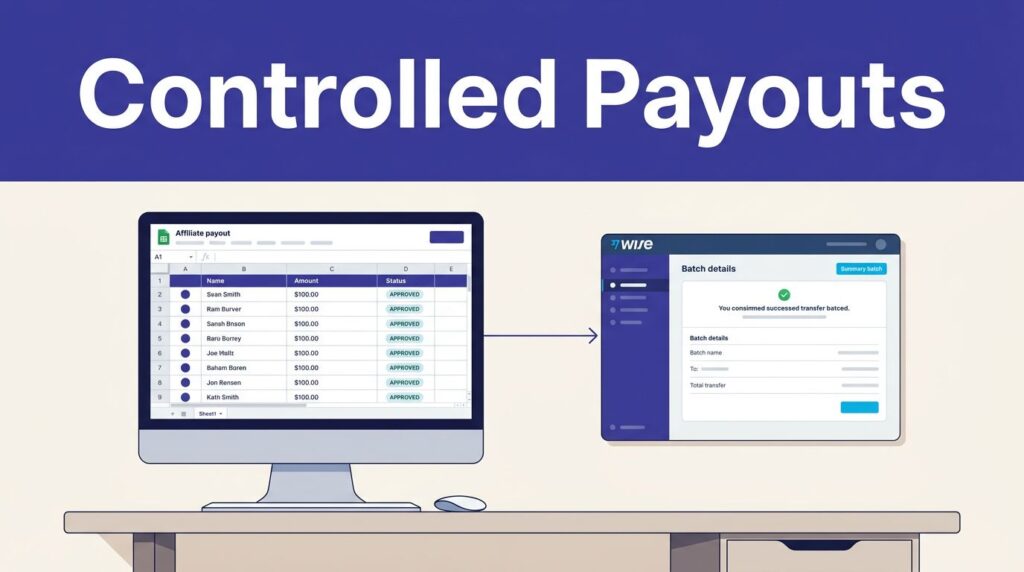 Spreadsheet and Wise transfer batch connected beneath a Controlled Payouts headline.