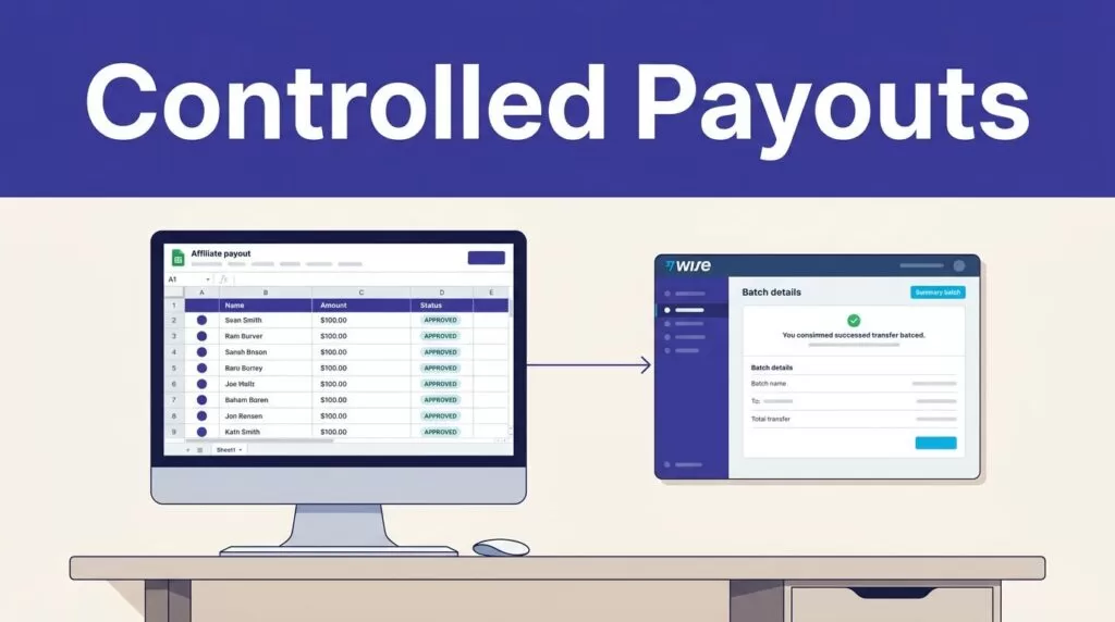 Spreadsheet and Wise transfer batch connected beneath a Controlled Payouts headline.