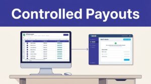 Spreadsheet and Wise transfer batch connected beneath a Controlled Payouts headline.