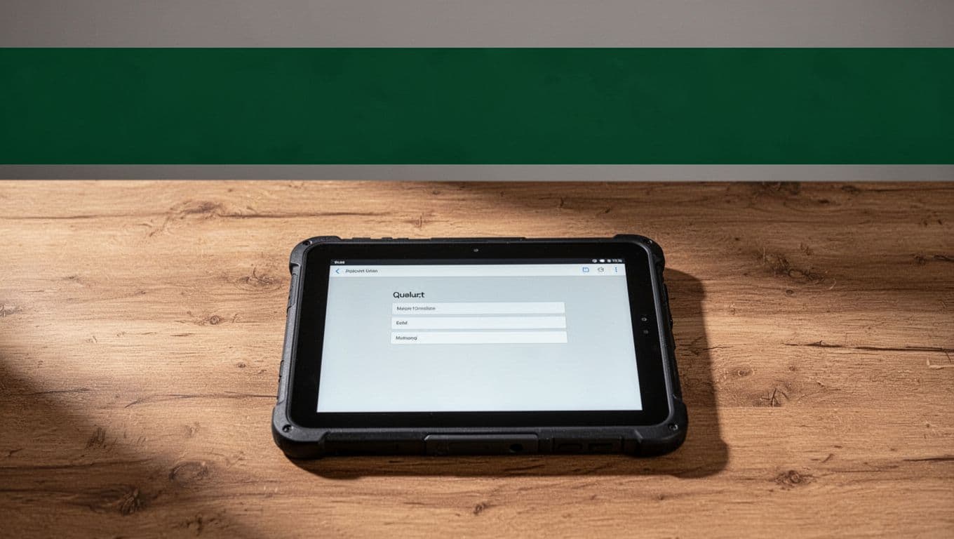 Rugged tablet showing forms beneath a dark-green FIELD DATA ROUTING banner.