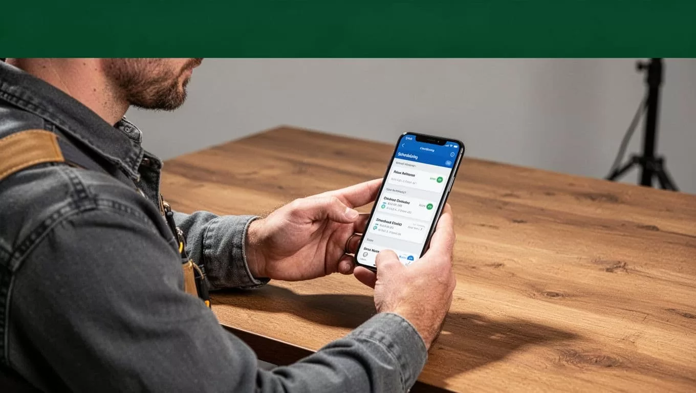 A smartphone with scheduling alerts sits on a wooden desk beneath a green banner.