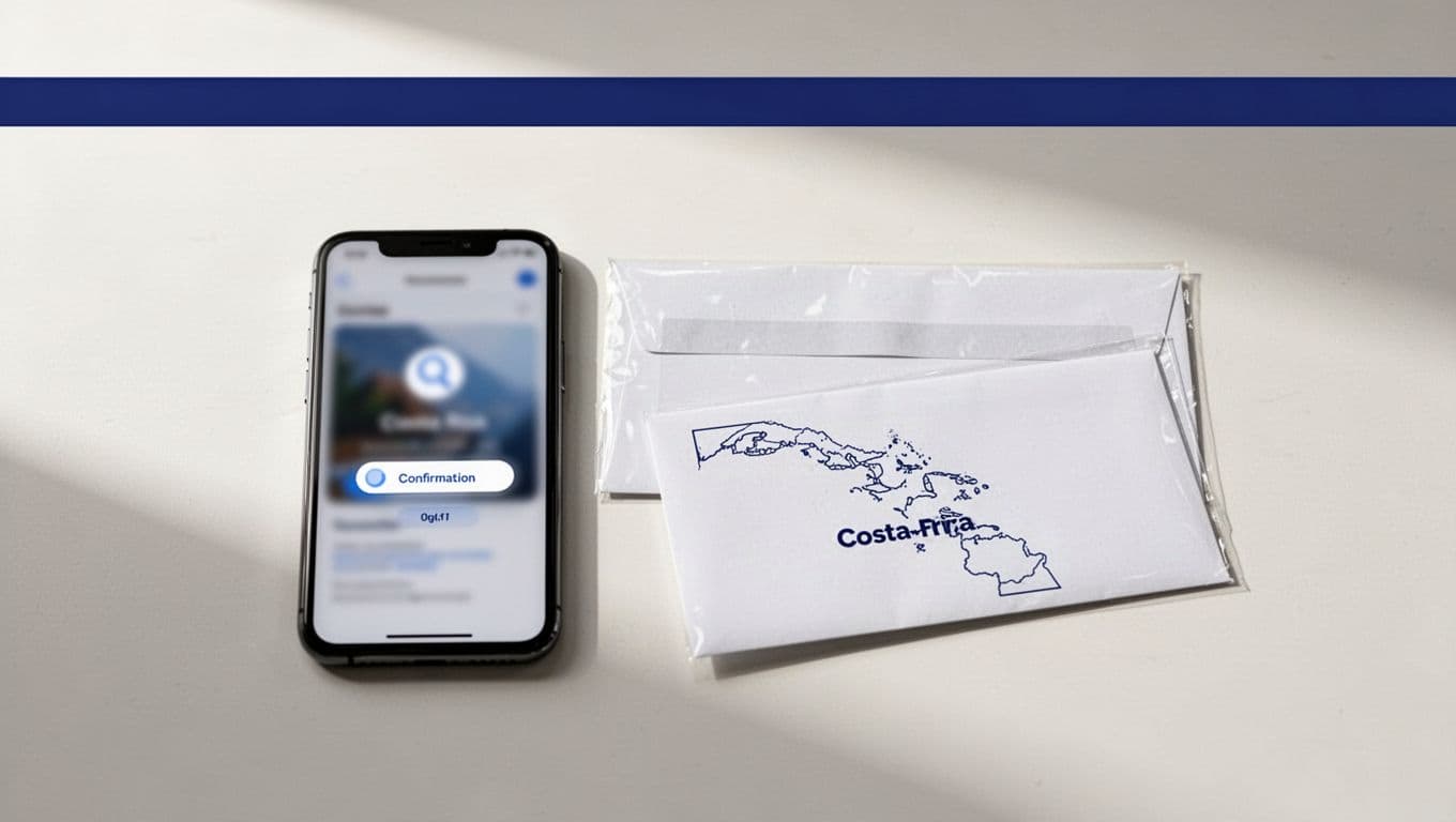 A smartphone, sealed envelope, and Costa Rica map outline arranged on a clean desk.