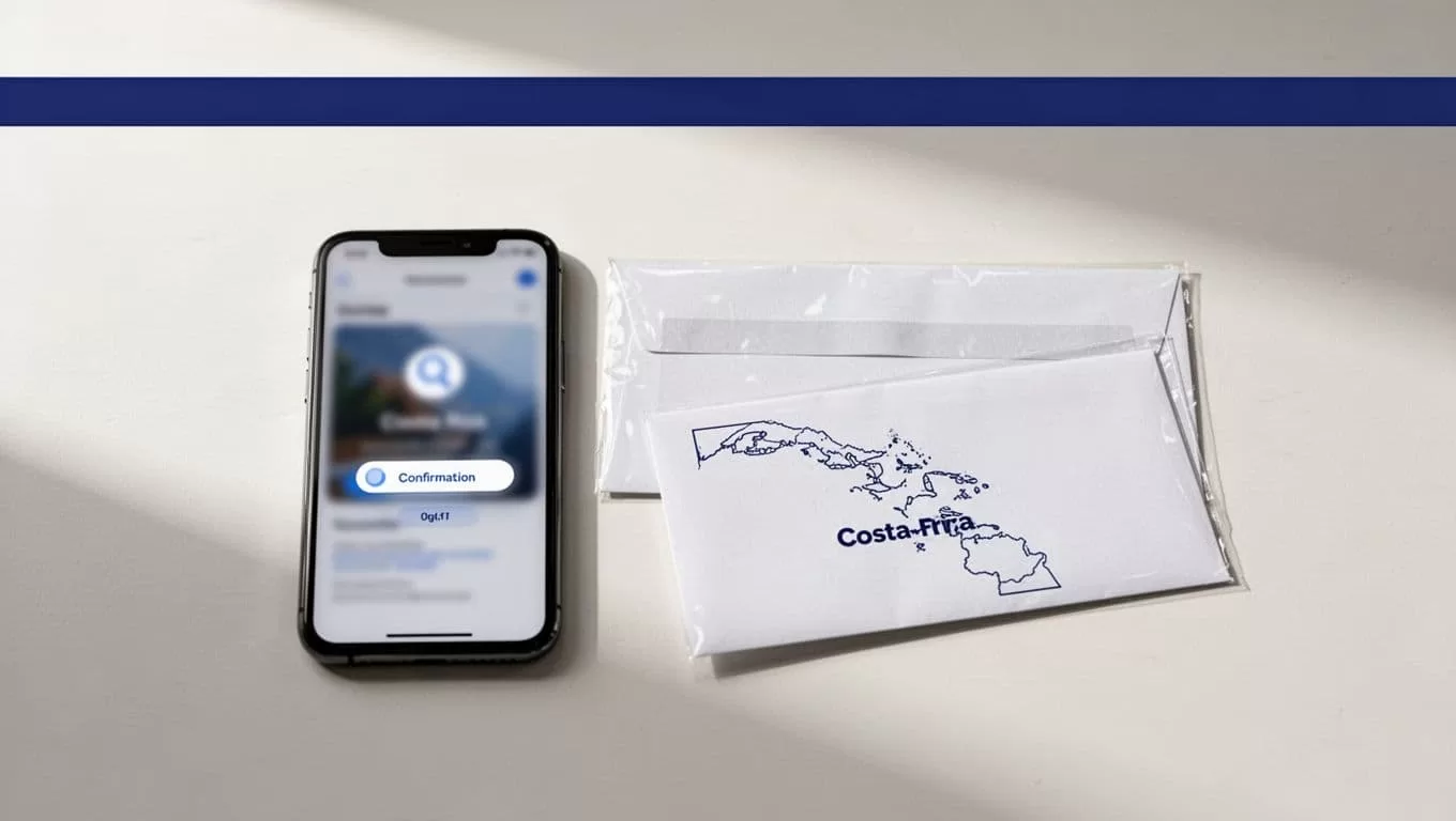 A smartphone, sealed envelope, and Costa Rica map outline arranged on a clean desk.