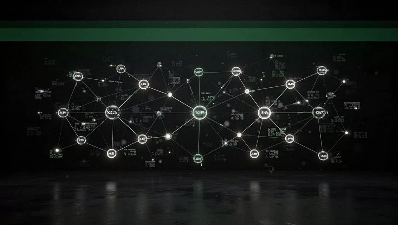 Dark interface with a green Data Feed banner above connected financial data nodes.