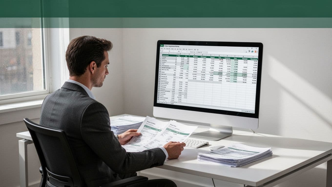 A professional reviews financial documents beside a monitor with structured tables.