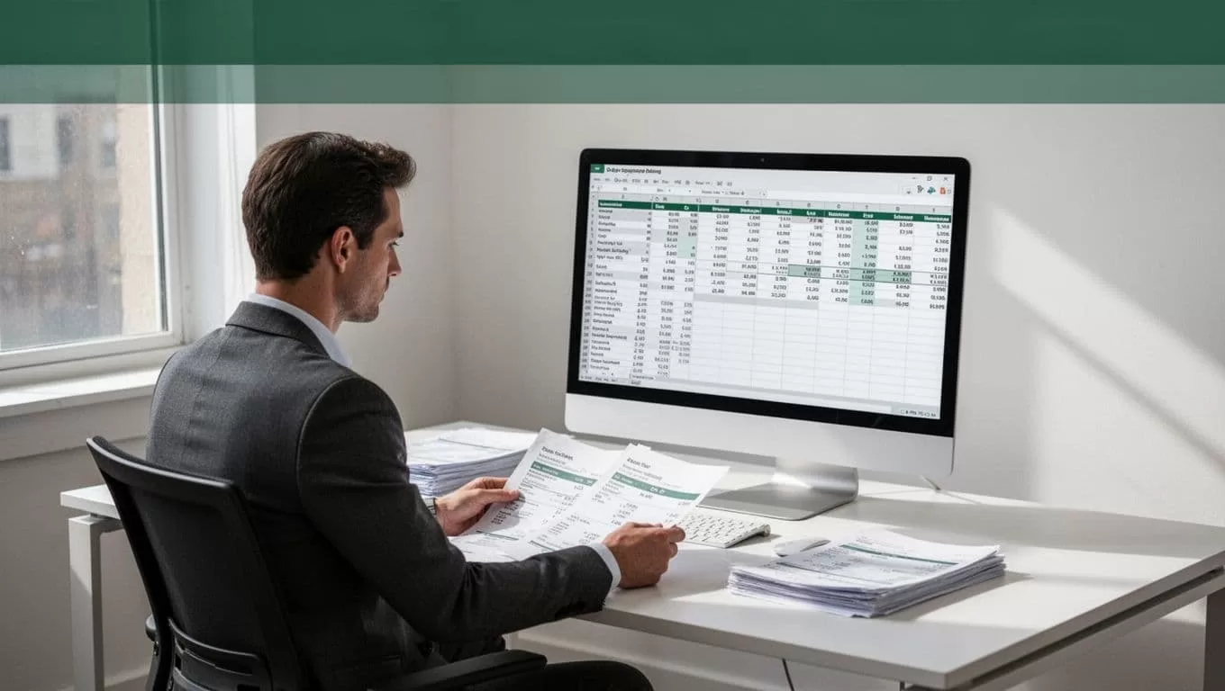 A professional reviews financial documents beside a monitor with structured tables.